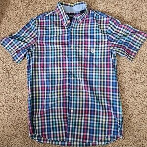 Chaps Men's Blue and Green Plaid Button Down Shirt Med